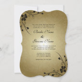 Black Flower Swirls on Gold Damask Wedding Invite Kaart (Voorkant)