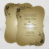 Black Flower Swirls on Gold Damask Wedding Invite Kaart (Voorkant / Achterkant)
