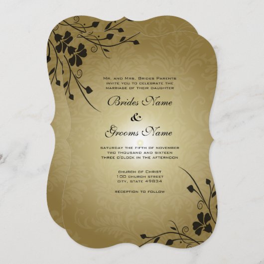 Black Flower Swirls on Gold Damask Wedding Invite Kaart (Voorkant / Achterkant)
