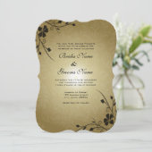 Black Flower Swirls on Gold Damask Wedding Invite Kaart (Staand voorkant)