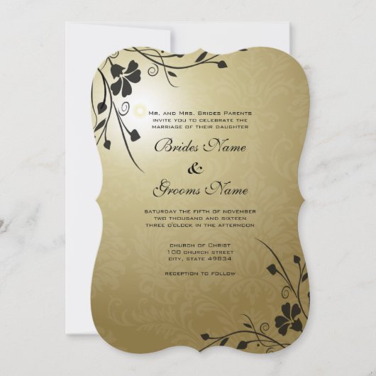 Black Flower Swirls on Gold Damask Wedding Invite Kaart (Voorkant)