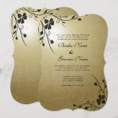 Black Flower Swirls on Gold Damask Wedding Invite Kaart (Voorkant / Achterkant)