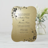 Black Flower Swirls on Gold Damask Wedding Invite Kaart (Staand voorkant)