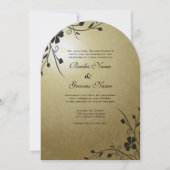 Black Flower Swirls on Gold Damask Wedding Invite Kaart (Voorkant)