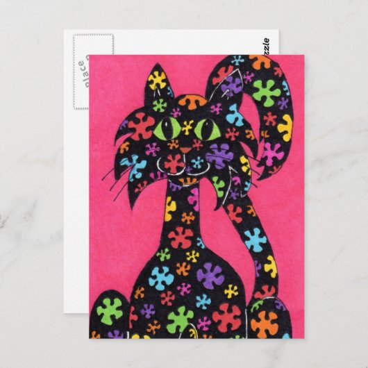 Black Flowered Cat Briefkaart (Voorkant / Achterkant)