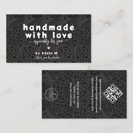 Black Flowers Handmade Logo QR Code Dank je wel Visitekaartje (Voorkant / Achterkant)