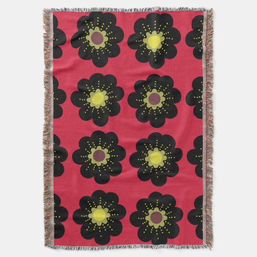 Black Flowers Red Background Scandinavian Flowers Deken (Voorkant Verticaal)