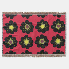 Black Flowers Red Background Scandinavian Flowers Deken