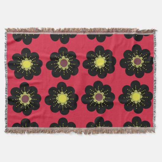 Black Flowers Red Background Scandinavian Flowers Deken (Voorkant)