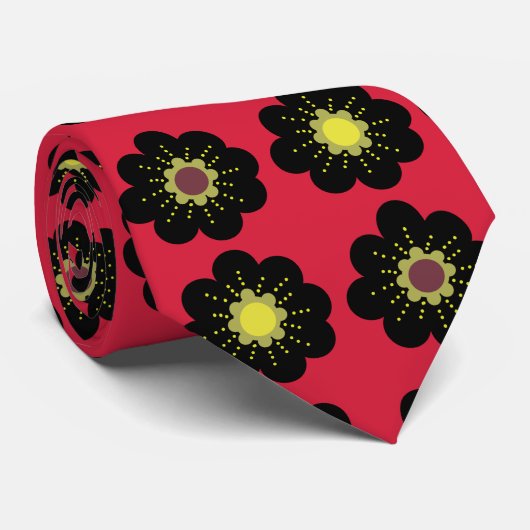 Black Flowers Red Background Scandinavian Flowers Stropdas (Opgerold)
