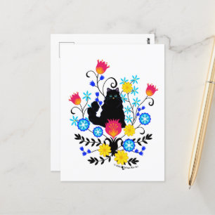 Black Fluffy Cat met bloemen Briefkaart