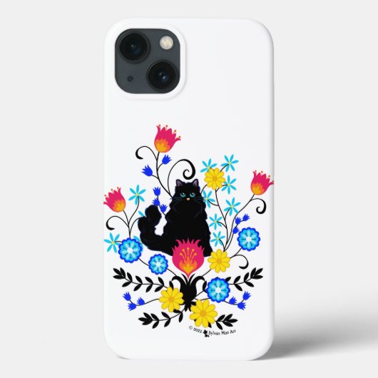 Black Fluffy Cat met bloemen Case-Mate iPhone Case (Achterkant)