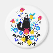 Black Fluffy Cat met bloemen Magneet (Voorkant)