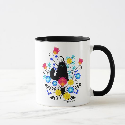 Black Fluffy Cat met bloemen Mok (Rechts)