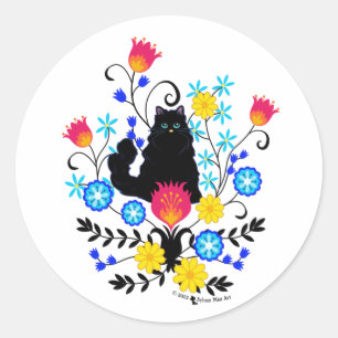 Black Fluffy Cat met bloemen Ronde Sticker