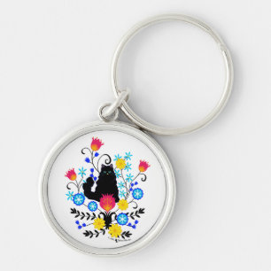 Black Fluffy Cat met bloemen Sleutelhanger