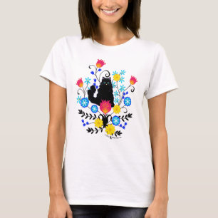 Black Fluffy Cat met bloemen T-shirt