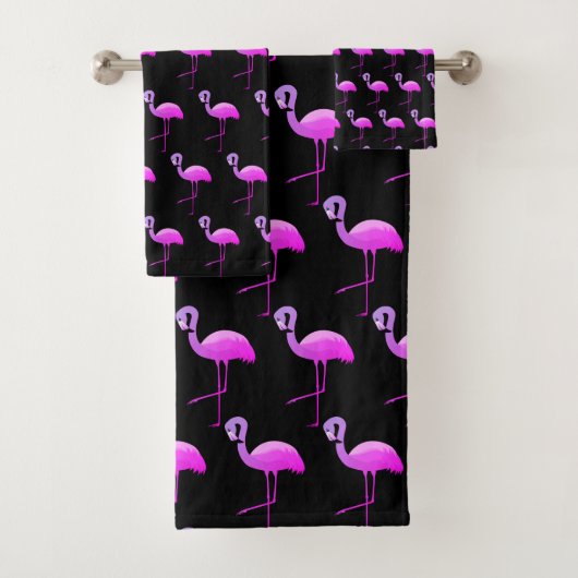 BLACK FLURO FLAMINGO PATROON BATHROOM TOWEL SET BAD HANDDOEK (Insitu)