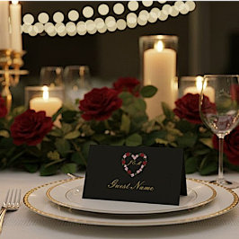Black folded place card - floral heart Guest name Plaatskaartje