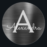 Black Folie Girly Metallic Monogrammed Wedding Ronde Sticker<br><div class="desc">Moderne en elegante zwarte faux Girly Metallic Stainless Steel Folie Birthday,  Vrijgezellenfeest,  Baby shower of Wedding Envelope of Favor Seal Sticker. Deze sticker kan worden aangepast om uw initiaal en voornaam voor een cadeaupakket op te nemen.</div>