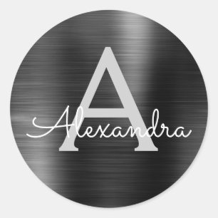 Black Folie Girly Metallic Monogrammed Wedding Ronde Sticker