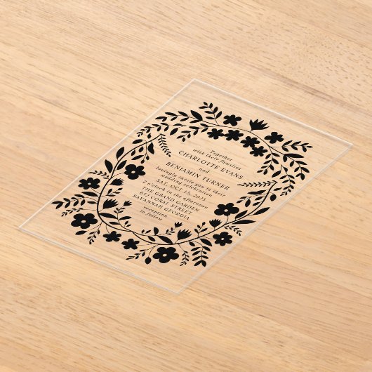 Black Folk Art Bloemen bruiloft Acryl Uitnodigingen (Laagn)