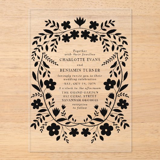 Black Folk Art Bloemen bruiloft Acryl Uitnodigingen (Voorkant)