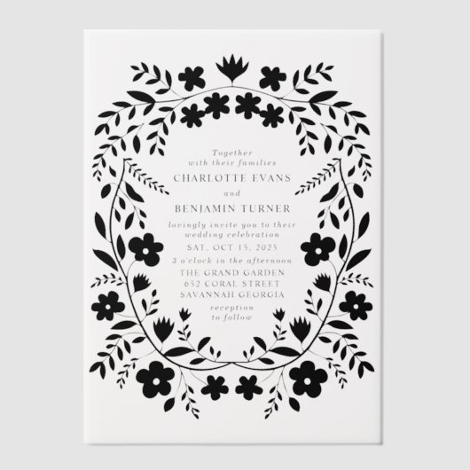 Black Folk Art Floral Lijst bruiloft Vellum Uitnodigingen (Voorkant)