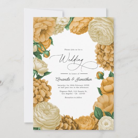 Black Forest Green, Ecru/Warm Honey Floral Wedding Kaart (Voorkant)