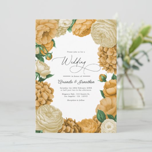 Black Forest Green, Ecru/Warm Honey Floral Wedding Kaart (Staand voorkant)