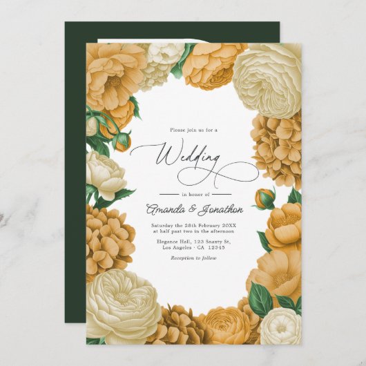 Black Forest Green, Ecru/Warm Honey Floral Wedding Kaart (Voorkant / Achterkant)