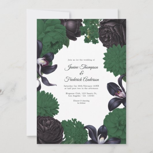 Black & Forest Green Photo/QR Code Floral Wedding Kaart (Voorkant)