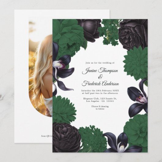 Black & Forest Green Photo/QR Code Floral Wedding Kaart (Voorkant / Achterkant)