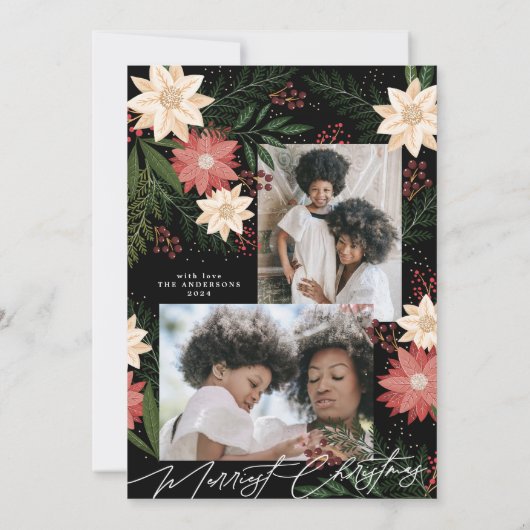 Black Formal Christmas Poinsettia Vakantiefeest Kaart (Achterkant)