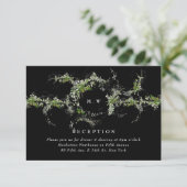 Black Formal Eucalyptus Wreath Monogram Wedding Informatiekaartje (Staand voorkant)