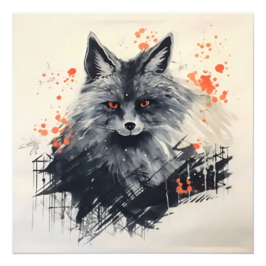 Black Fox Ink Painting Foto Afdruk (Voorkant)