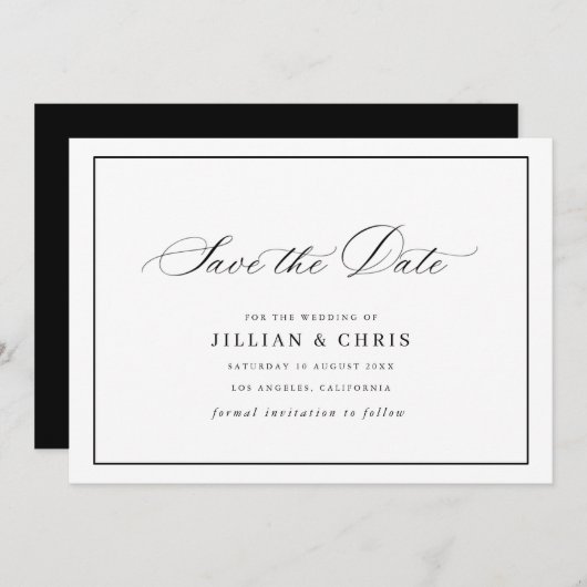 Black frame calligraphy wedding save the date card kaart (Voorkant / Achterkant)