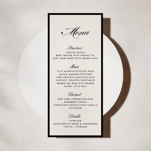 Black Frame Modern Ivory Wedding Menu card Kaart