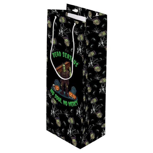 🖤 Black Frankenstein Halloween Gift Bag 💀🎃 Wijn Cadeautas (Voorkant Gekanteld)