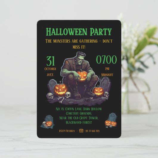 🖤 Black Frankenstein Halloween Party Uitnodiging (Staand voorkant)