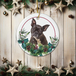 Black French Bulldog Evergreen Berry Wreath Keramisch Ornament