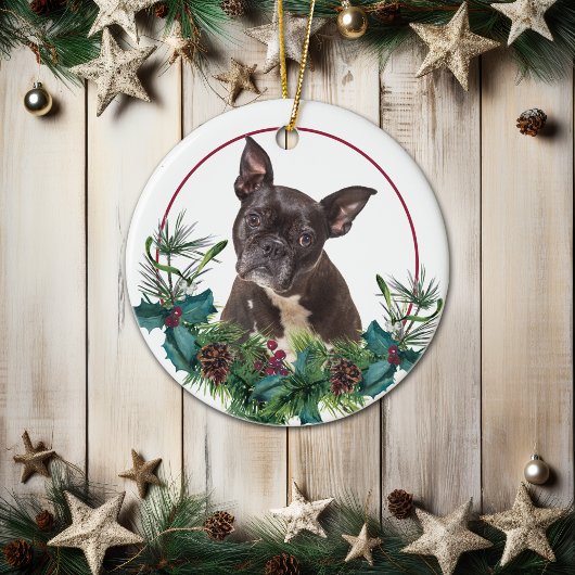 Black French Bulldog Evergreen Berry Wreath Keramisch Ornament