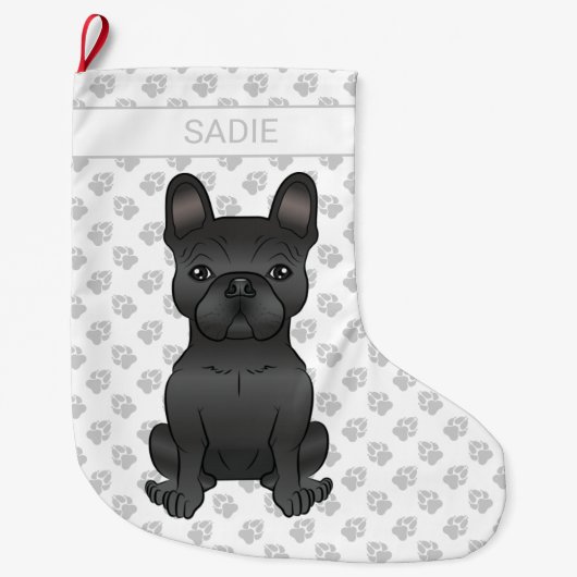Black French Bulldog / Frenchie Cartoon Dog & Name Grote Kerstsok (Voorkant)