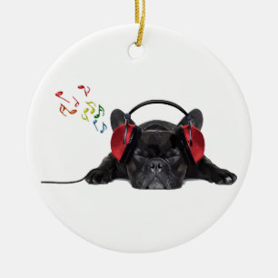 Black French Bulldog Grooving to his Tunes Keramisch Ornament