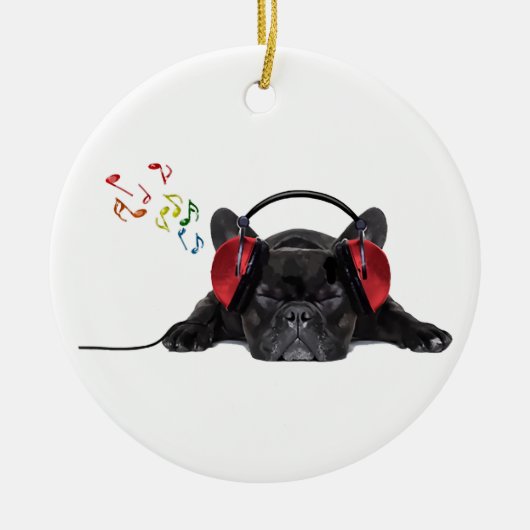Black French Bulldog Grooving to his Tunes Keramisch Ornament (Voorkant)