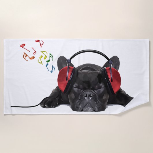 Black French Bulldog Grooving to his Tunes Strandlaken (Voorkant)
