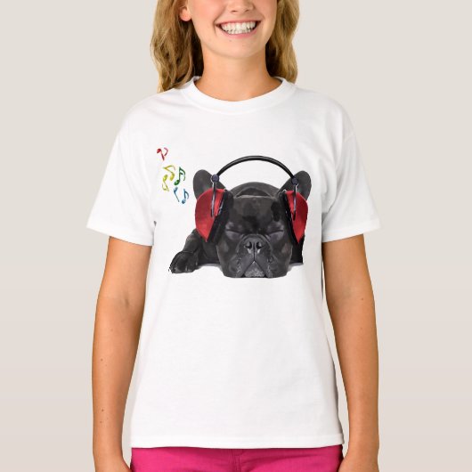 Black French Bulldog Grooving to his Tunes T-shirt (Voorkant)