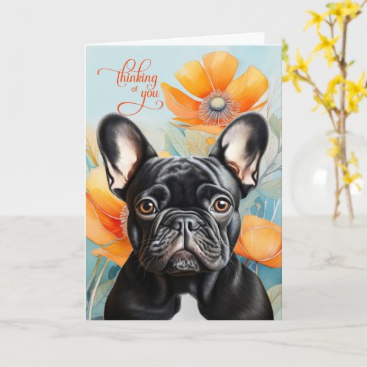 Black French Bulldog Orange Poppy Thinking of You Kaart (Gele Bloem)