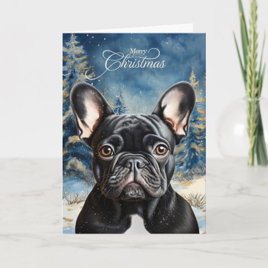 Black French Bulldog Pine Winter Forest Christmas Feestdagen Kaart (Voorkant)