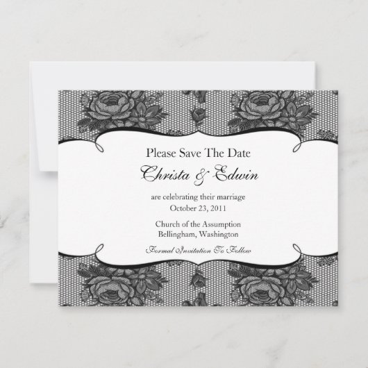 Black French Lace Save the Date Notice (Voorkant)